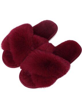 Women's Burgundy Fuzzy Cross Band Memory Foam House Open Toe Soft Slipper Shoes